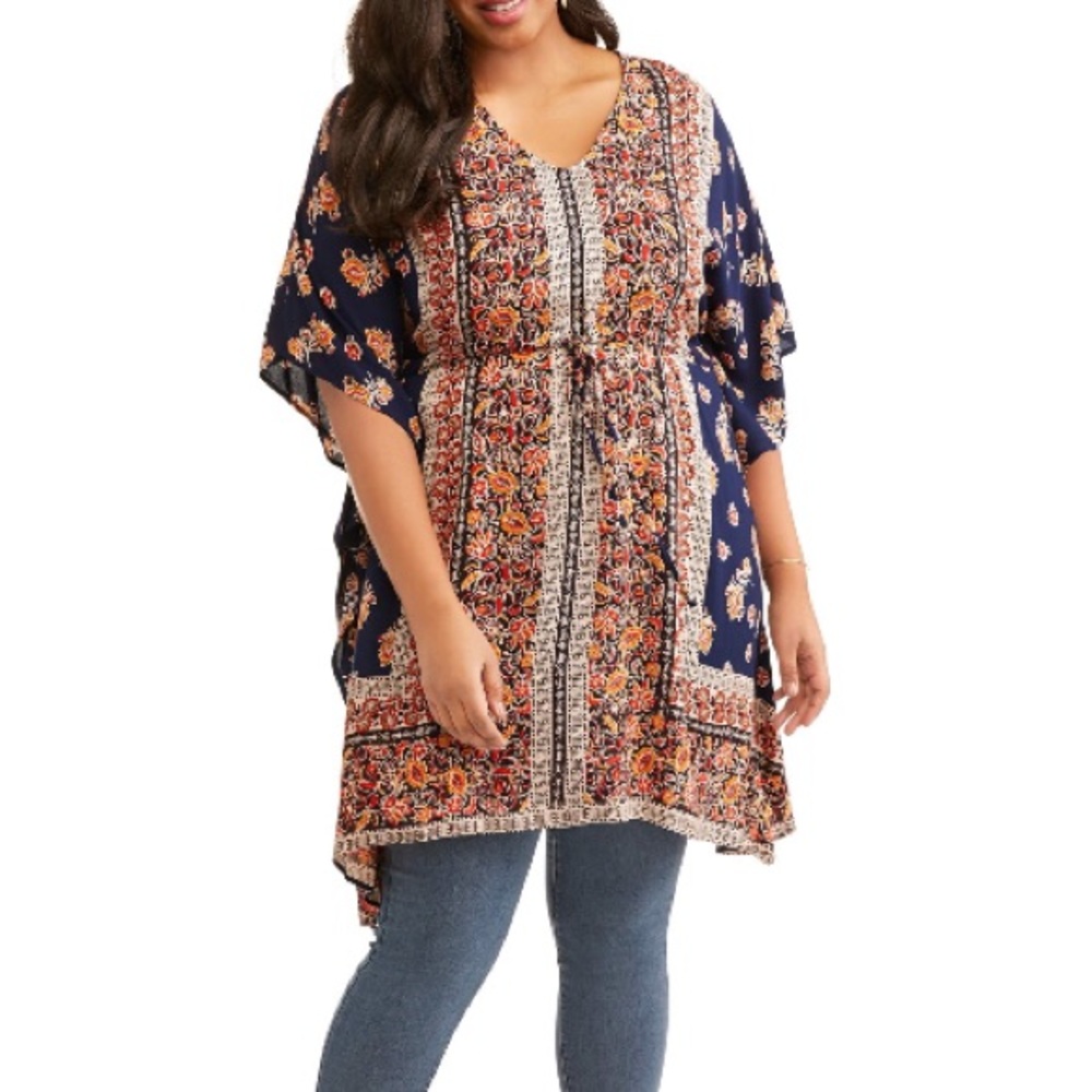 Boho Print Cinched Waist Kaftan Tunic - Picture 1 of 2